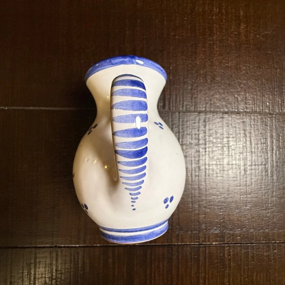 Modra Slov Ludova Majolika Cobalt Blue White Floral Ceramic Mini Pitcher Czech